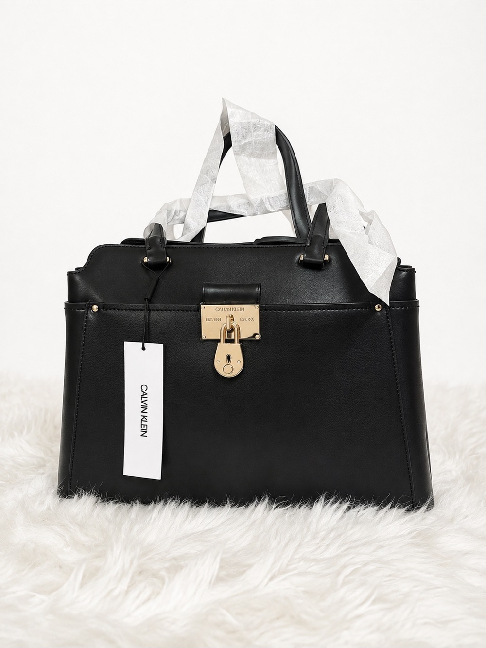 Calvin Klein Black Large Satchel Tote Bag Gold Hardware NWT